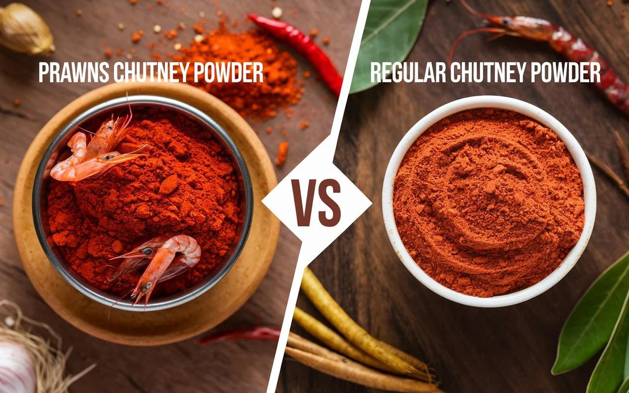 Prawns chutney powder with dried prawns and spices next to regular chutney powder, showcasing the key differences in ingredients