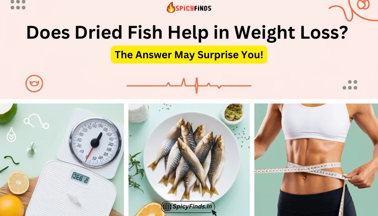 A plate of dried fish with a weighing scale and a fit person measuring their waist, representing the connection between dried fish and weight loss