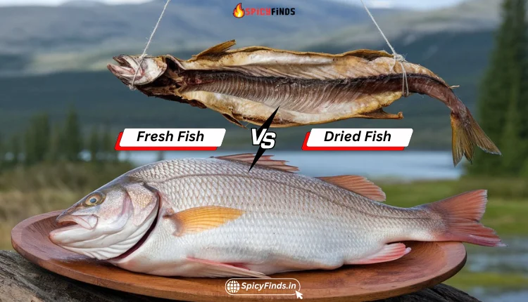 Side-by-side comparison of fresh fish and dried fish, highlighting differences in texture, color, and appearance