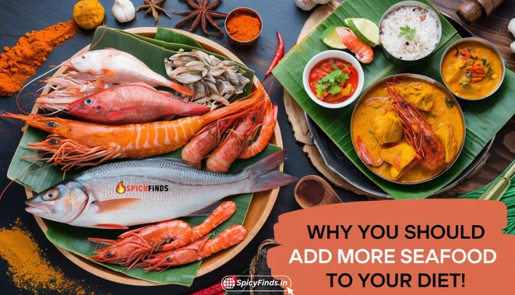 A variety of fresh and dried seafood, including fish and prawns, displayed with Indian spices, highlighting the health benefits of adding more seafood to your diet